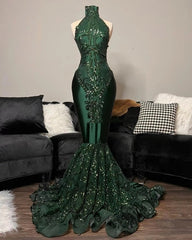 Green Emerald Sequined High Neck Glitter Prom Dress