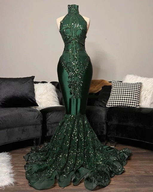 Green Emerald Sequined High Neck Glitter Prom Dress