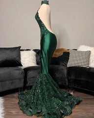 Green Emerald Sequined High Neck Glitter Prom Dress