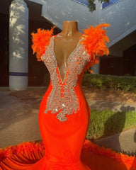 Crystal Orange Feathers Mermaid Prom Dress
