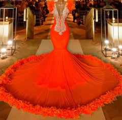 Crystal Orange Feathers Mermaid Prom Dress