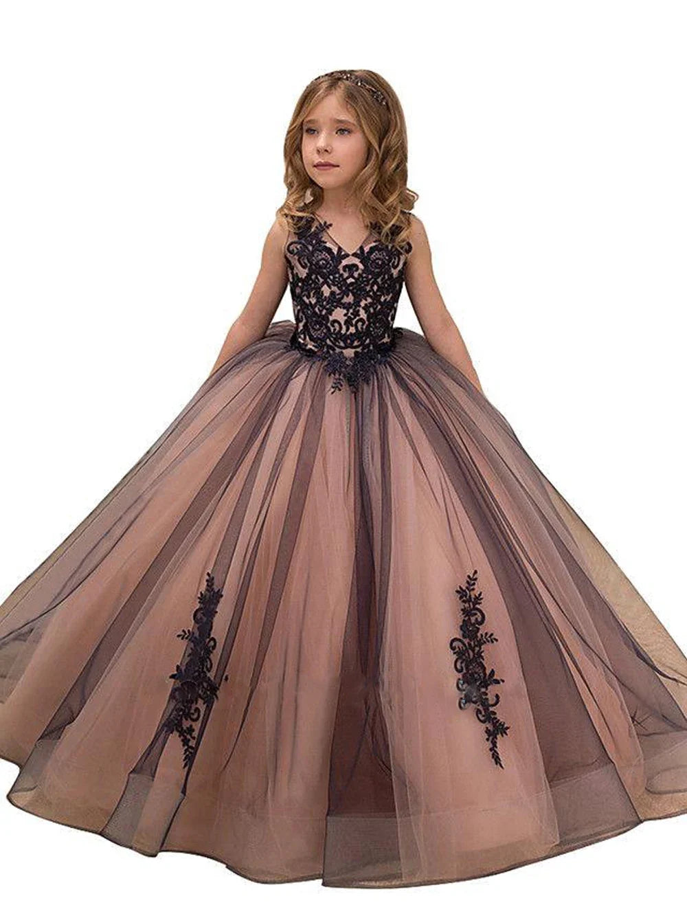 Black Lace Flower Girl Dress: Elegant Sleeveless V-Neck