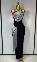 Cindy Sexy Slanted Collar Silver Tassel Bandage Dress