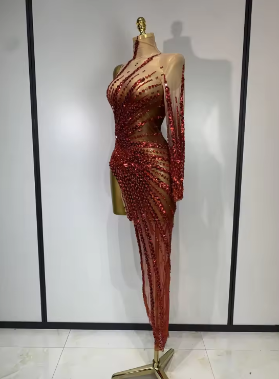 Alice Sexy Red Mesh See Through Diamonds Sequins Dress - Luxury Sparkly Birthday Mini