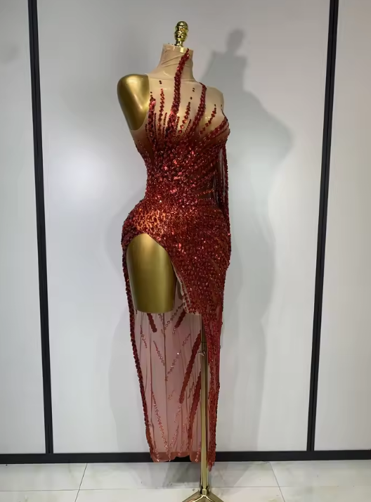 Alice Sexy Red Mesh See Through Diamonds Sequins Dress - Luxury Sparkly Birthday Mini