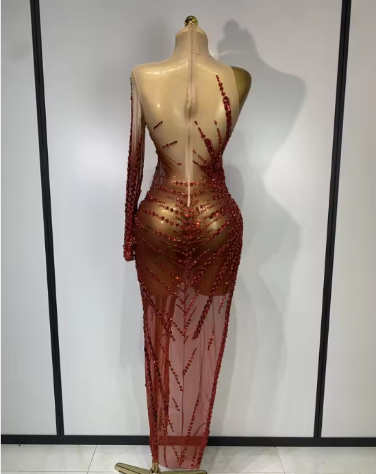 Alice Sexy Red Mesh See Through Diamonds Sequins Dress - Luxury Sparkly Birthday Mini