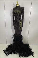 Elaine Luxury Sparkling Black Crystal Feathers Long Sleeve Sheer Maxi Dress