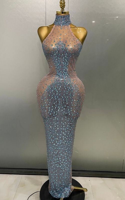 Amanda Luxury Sparkly Silver Rhinestone Sheer Mesh Long Dress