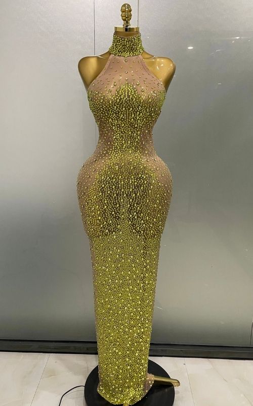 Amanda Luxury Sparkly Silver Rhinestone Sheer Mesh Long Dress