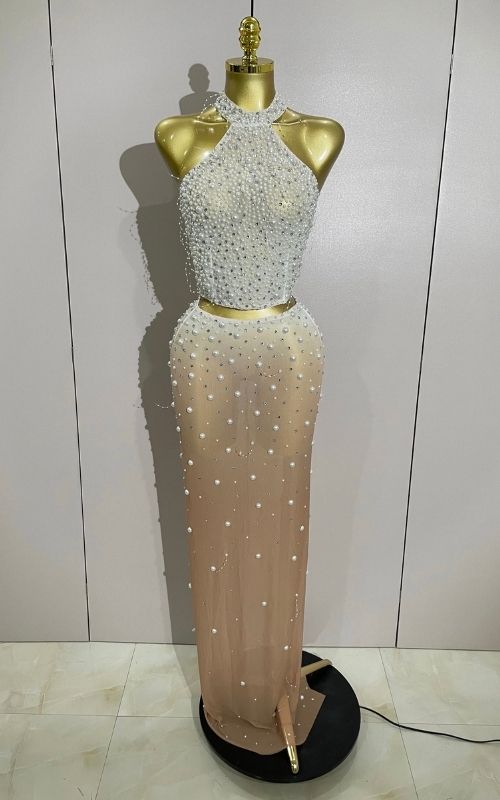 Carmela Sparkly Rhinestone Pearl Beaded Sheer Two Piece Set