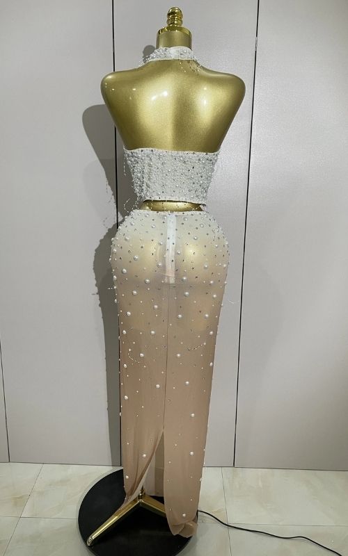 Carmela Sparkly Rhinestone Pearl Beaded Sheer Two Piece Set