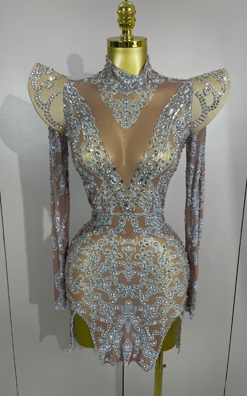 Annie Shiny Rhinestones Transparent Short Dress Birthday Celebrate Photoshoot Dress