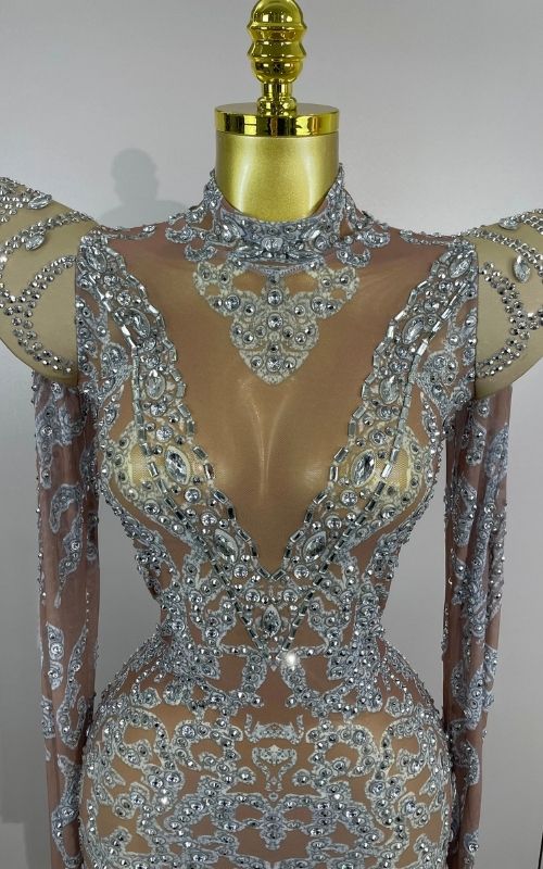 Annie Shiny Rhinestones Transparent Short Dress Birthday Celebrate Photoshoot Dress