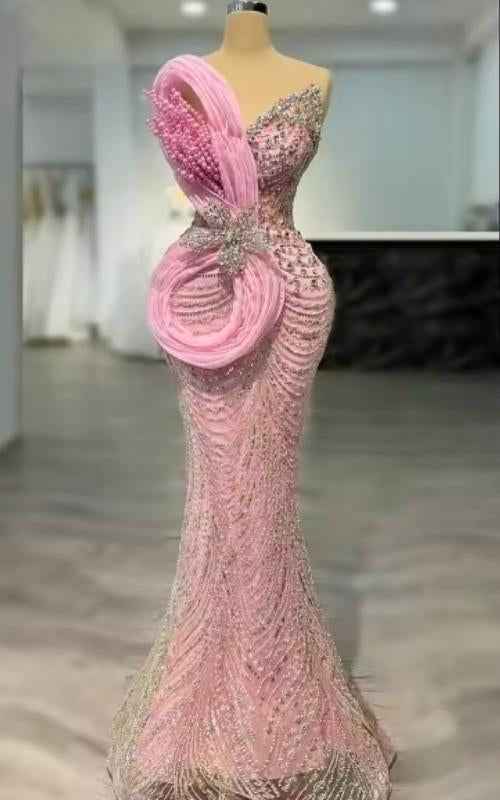 Blush Radiance Crystal Mermaid Gown With Sculptural Pink Drape And Floral Jewel Accents