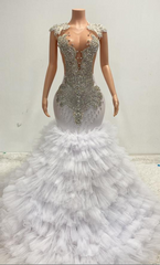 Ava Adorable Tulle Ruched Train Rhinestones Prom Dress