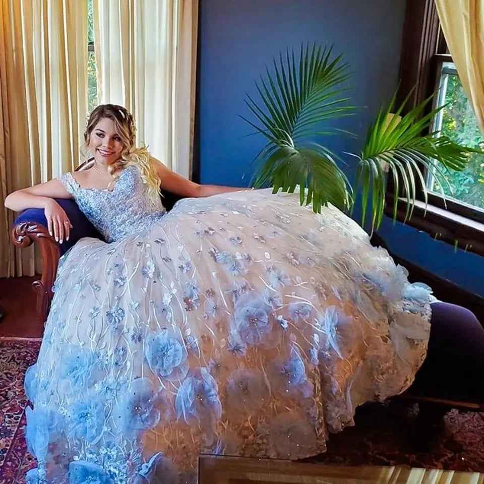 Baby Blue 3D Flowers Lace Sweetheart Quinceanera Dress