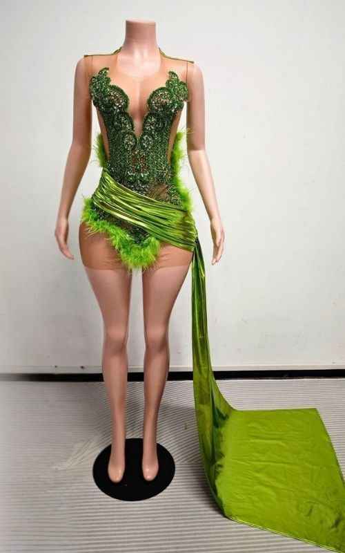 Crystal Embellished Illusion Suit With Feather Accents And Floor Length Sash