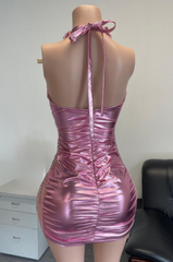 Brenda Sexy Halter Pink Crystal Mini Birthday Dress - Ready to Ship