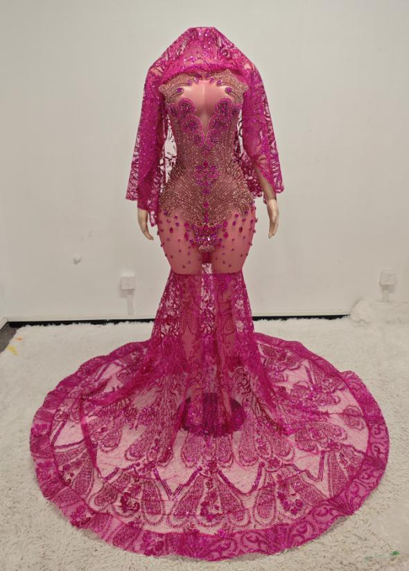 Carol Sparkly Sequin Halter Pink Mermaid Long Prom Dress - Ready to Ship
