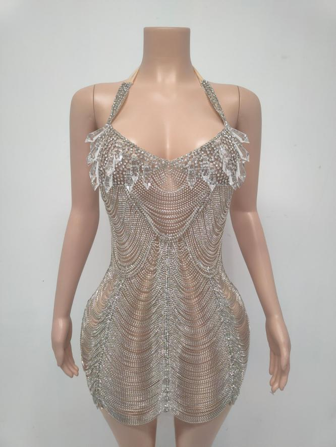 Gingee Sparkly Rhinestones Mesh See Through Short Birthday Dress