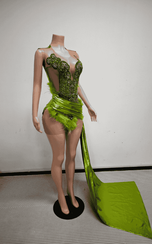 Crystal Embellished Illusion Suit With Feather Accents And Floor Length Sash