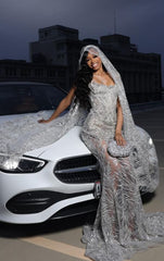 Glitter Silver Beaded Mermaid Prom Dress – Elegant Sparkly Evening Gown