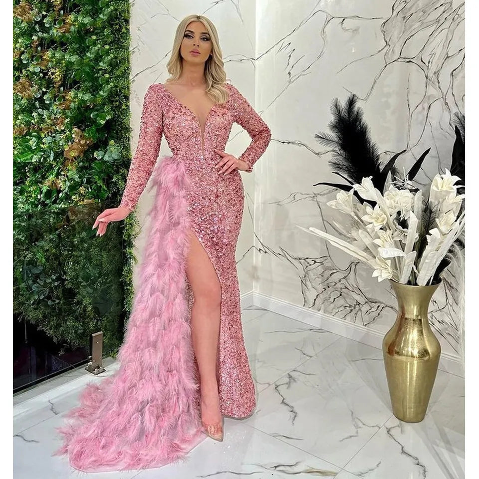 Blue Beading Sequined Feathers V Neck Long Sleeve Sweep Train Prom Dress