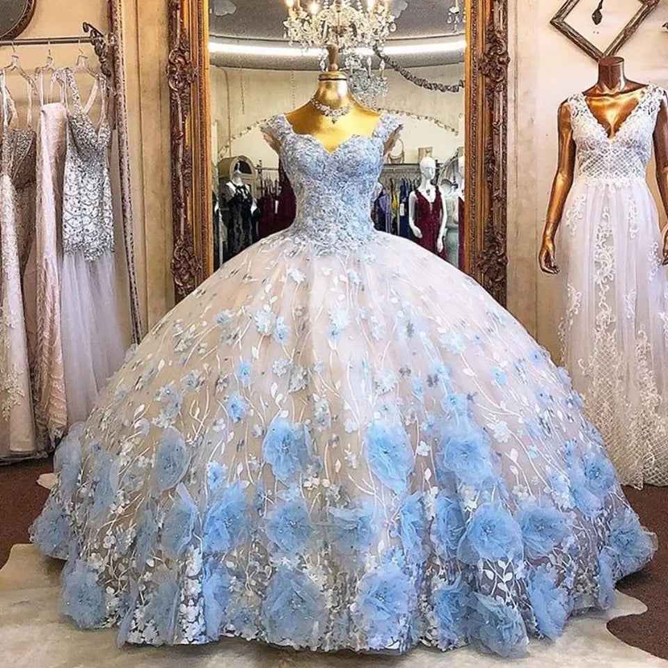 Baby Blue 3D Flowers Lace Sweetheart Quinceanera Dress
