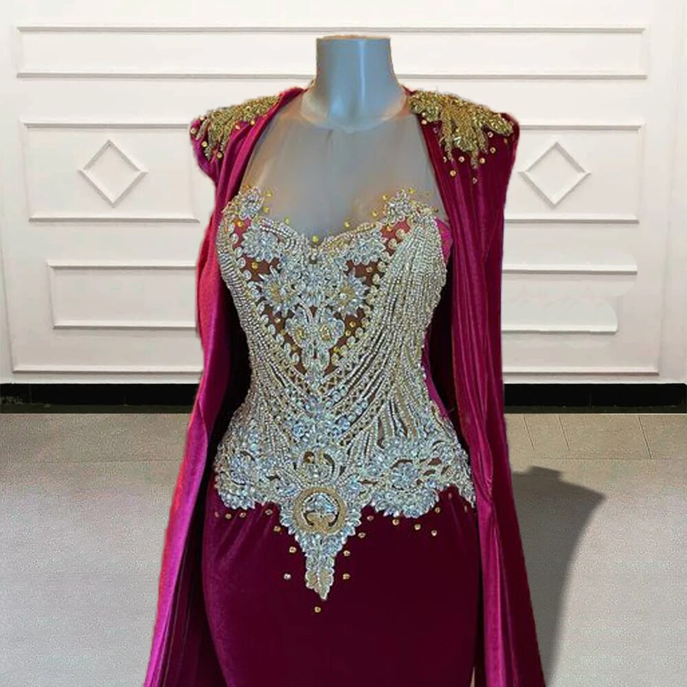 Glitter Beads Stone Mermaid Long Prom Dress with Cape