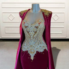Glitter Beads Stone Mermaid Long Prom Dress with Cape