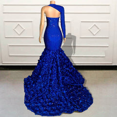 Glitter Beaded Mermaid Long Prom Dress Blue Single Full Sleeve