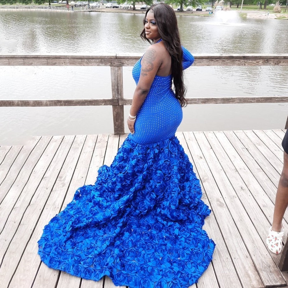 Glitter Beaded Mermaid Long Prom Dress Blue Single Full Sleeve