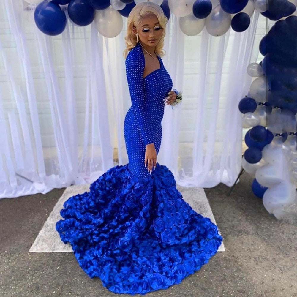 Glitter Beaded Mermaid Long Prom Dress Blue Single Full Sleeve