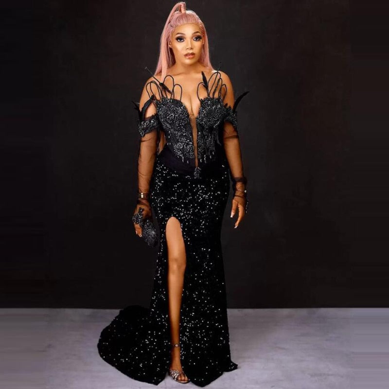 Black Beads Sequined Mermaid Prom Dress