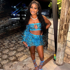 2 Piece Sparkly Sequin Feather Birthday Dress
