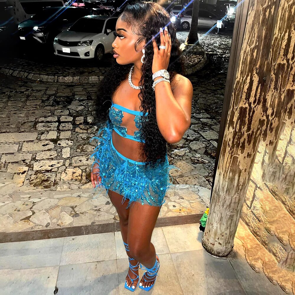 2 Piece Sparkly Sequin Feather Birthday Dress