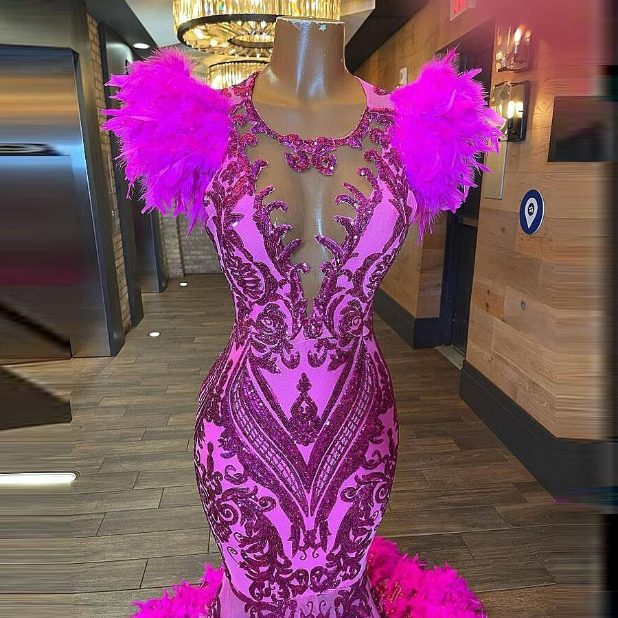 Fuchsia Feathers Mermaid Prom Dresses With Sheer Neck Sequined Lace