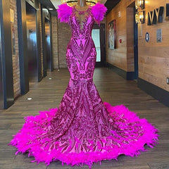 Fuchsia Feathers Mermaid Prom Dresses With Sheer Neck Sequined Lace