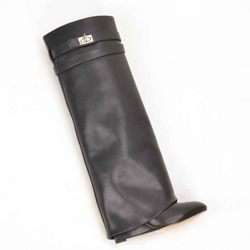 Genuine Leather Shark Lock Boots Metal Decor Belt Knee High Botas Mujer Wedges Women's Shoes Ladies High Heel Knee Boots Female