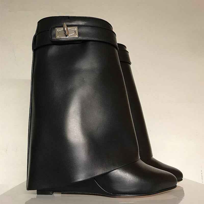 Genuine Leather Shark Lock Boots Metal Decor Belt Knee High Botas Mujer Wedges Women's Shoes Ladies High Heel Knee Boots Female