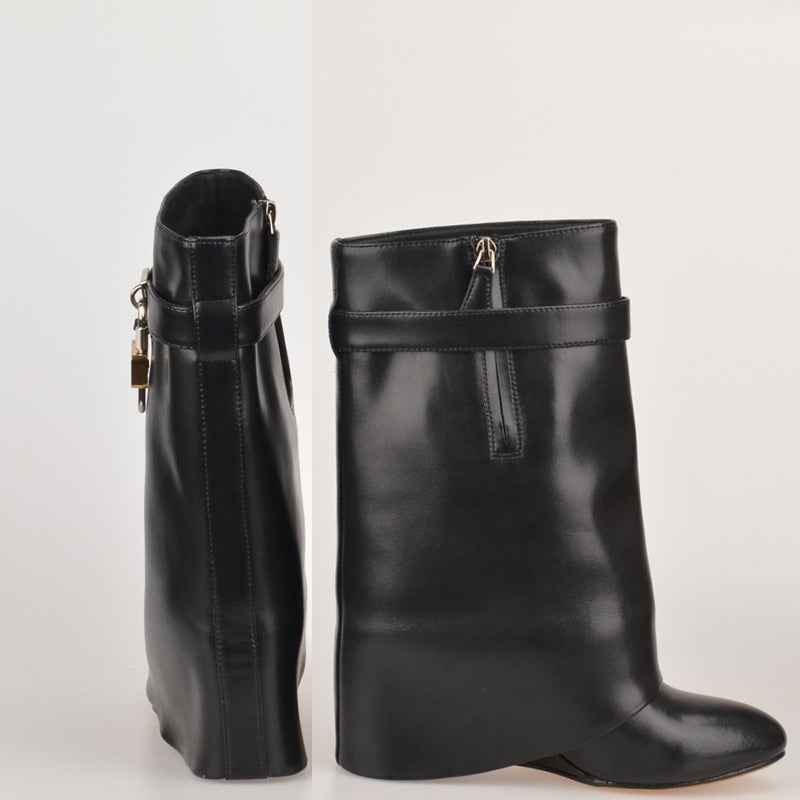 Genuine Leather Shark Lock Boots Metal Decor Belt Knee High Botas Mujer Wedges Women's Shoes Ladies High Heel Knee Boots Female
