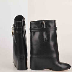Genuine Leather Shark Lock Boots Metal Decor Belt Knee High Botas Mujer Wedges Women's Shoes Ladies High Heel Knee Boots Female