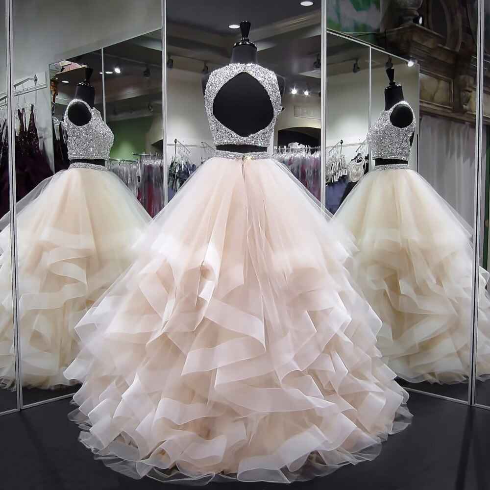 Elegant Backless Champagne Two-Piece Prom Dress