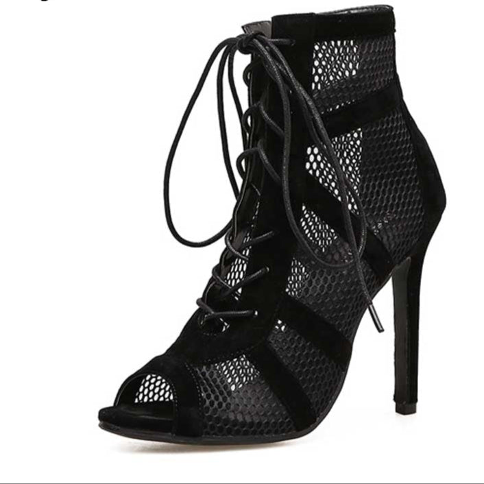 Fashion Black Summer Sandals Lace Up Cross-tied Peep Toe High Heel Ankle Strap Net Surface Hollow Out Sandals