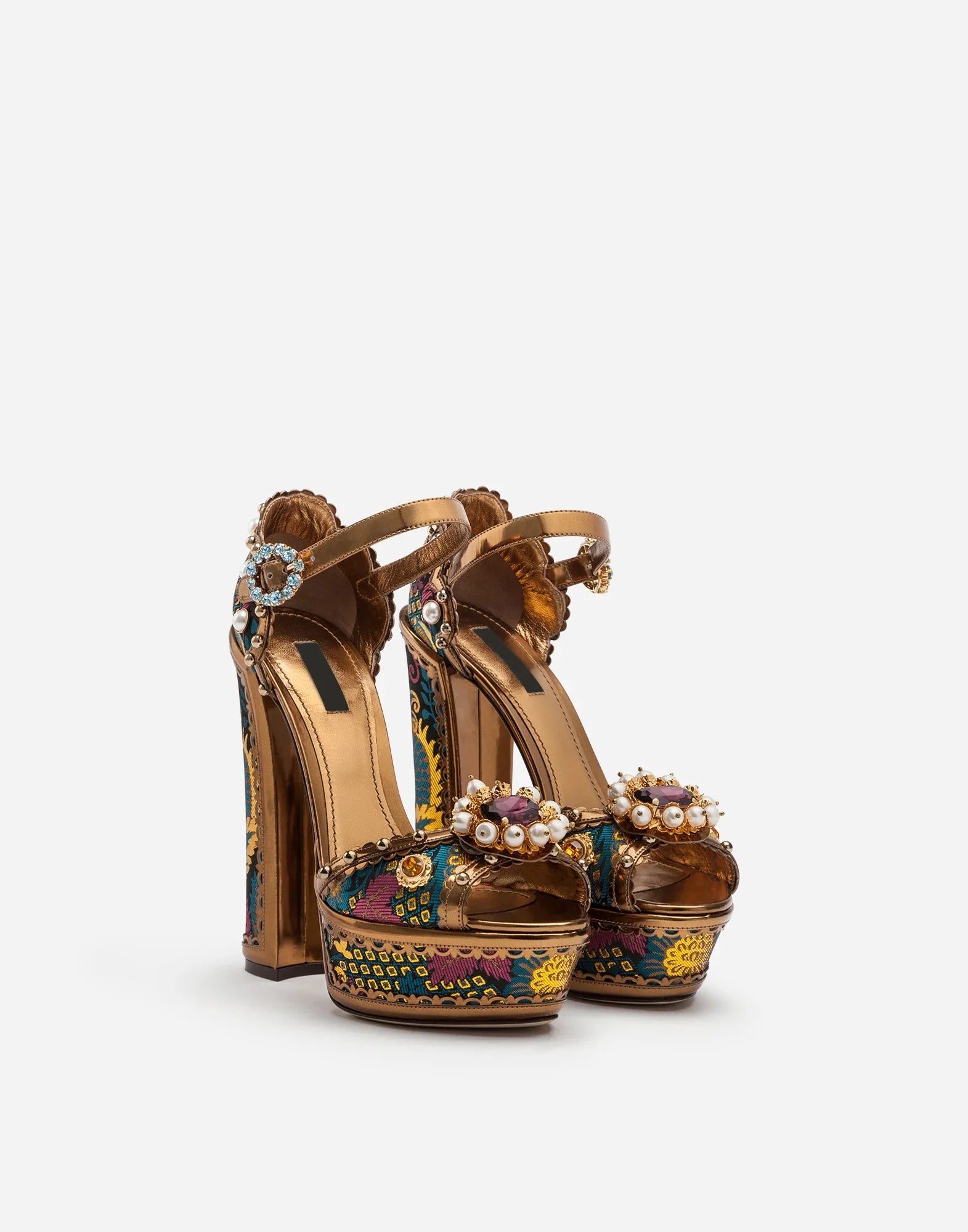 Crystal Jewelled Embroidery Platform Chunky Heels Rhinestone Pearl Luxury