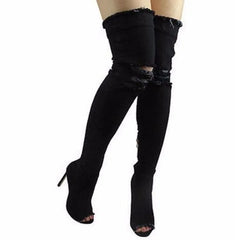 Denim Tassel Thigh High Heeled Boots