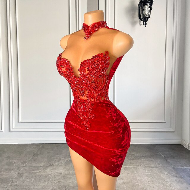 Beaded High Neck Red Velvet Birthday Dress