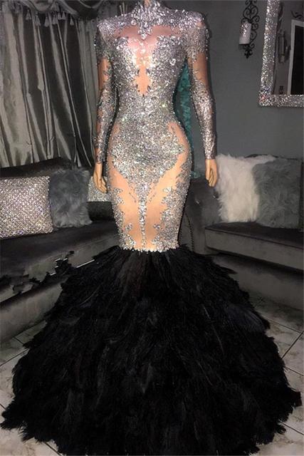 Elegant High Neck Long Sleeve Mermaid Feather Hemline Prom Dress