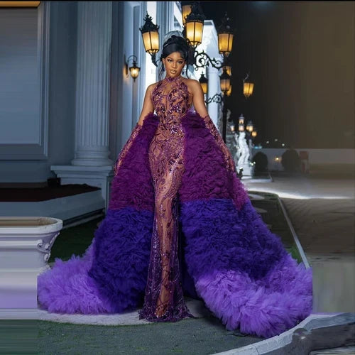 Gorgeous Mermaid Sequin Prom Dress with Ruffle Tiered Detachable Train