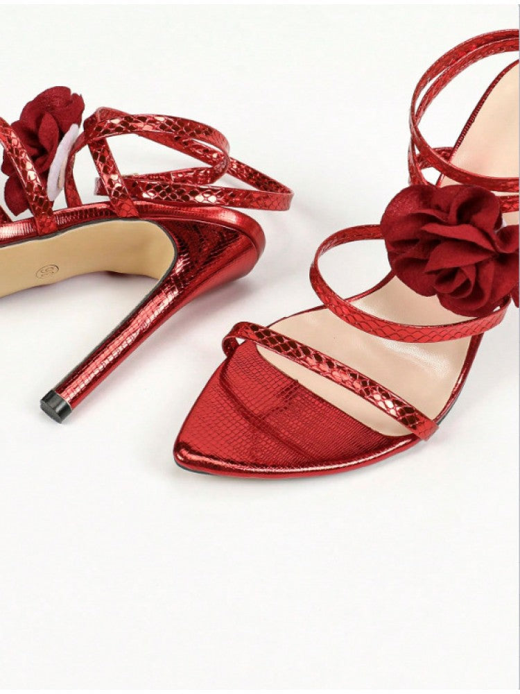 Flower Decor Plain Color Funky Stiletto Sandals
